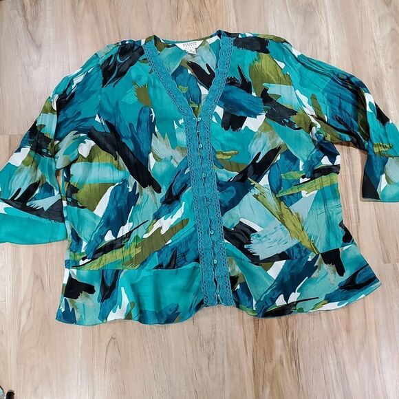 🔹️Allison Taylor Teal Embroidered Lace Button Front 3/4 Sleeve Top Size 3X - Picture 1 of 8